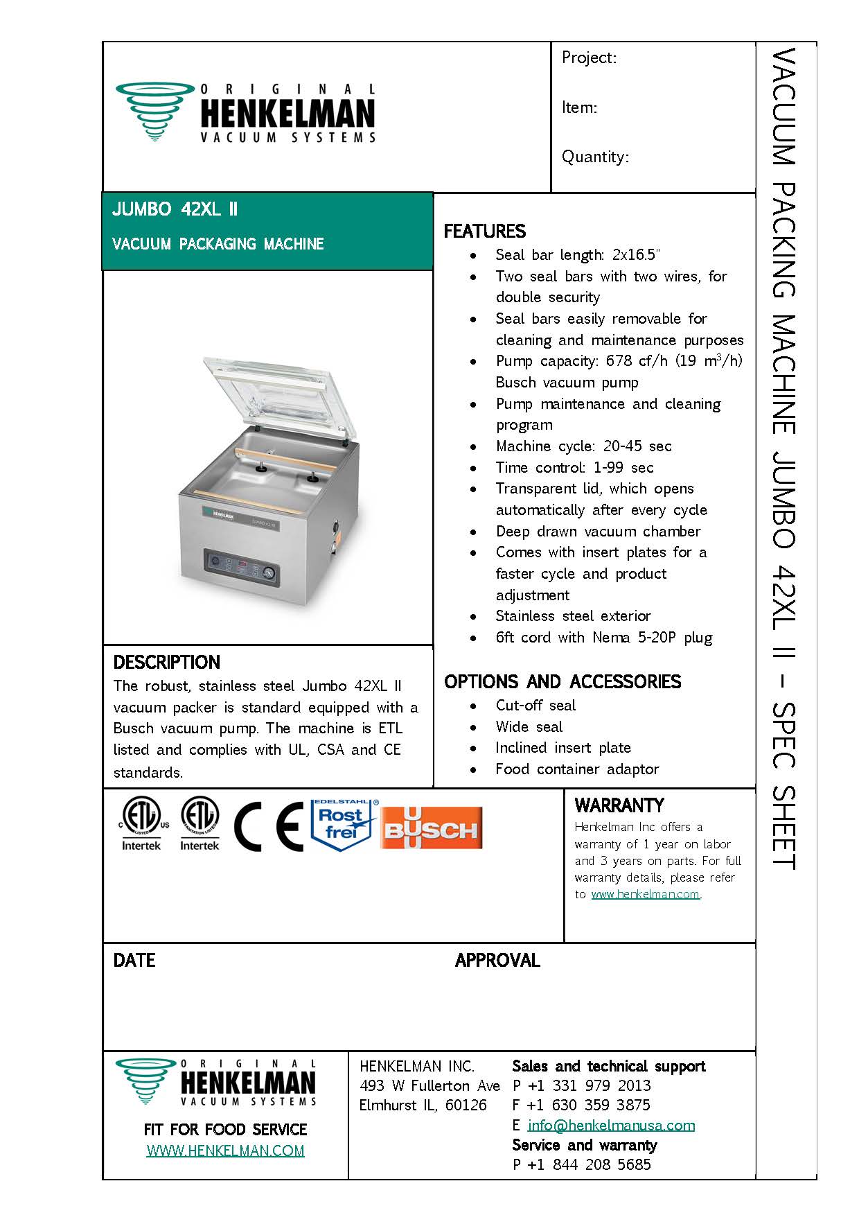 Commercial Vacuum Sealer Certified Used Henkelman Jumbo 42XLII
