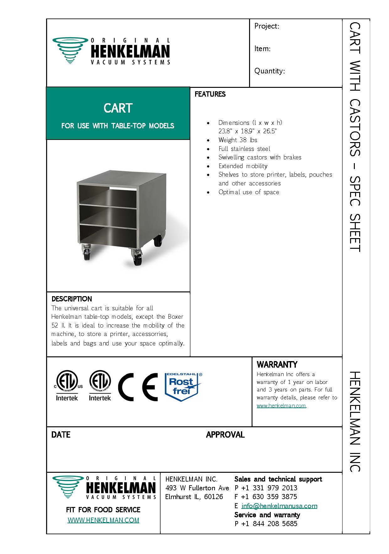Henkelman Cart for tabletop Vacuum Sealers 620703