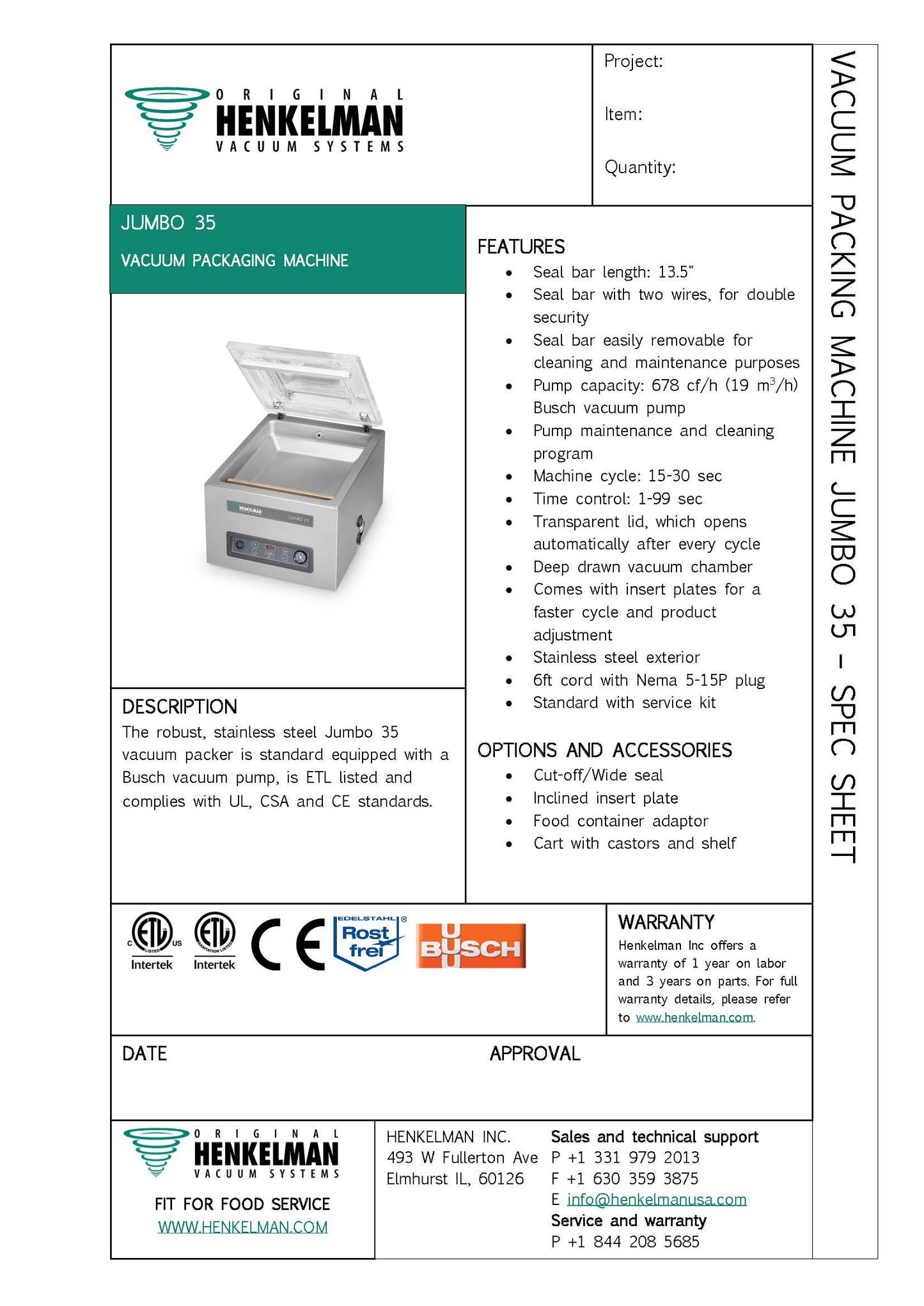 Commercial Vacuum Sealer Certified Used Henkelman Jumbo 35 with 13.5" seal bar
