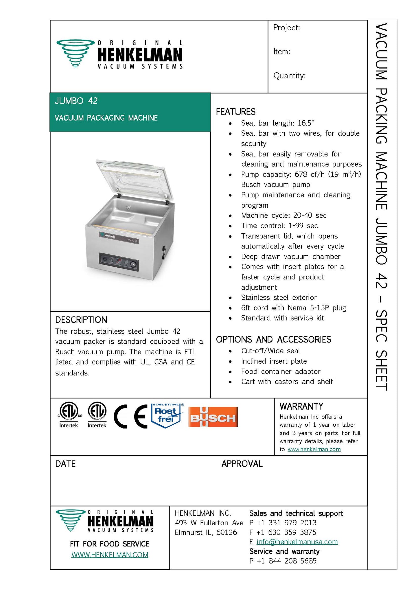Commercial Vacuum Sealer Certified Used Henkelman Jumbo 42 with 16.5" seal bar