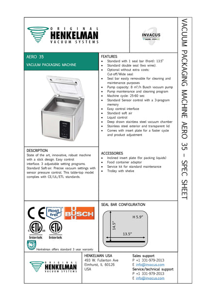 Certified used vacuum sealer The Henkelman AERO 35. Dutch made features regular vac, soft air & liquid sensor